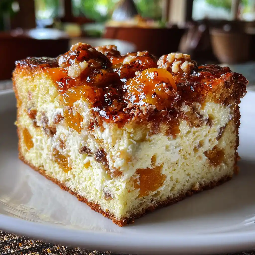 Gros plan sur le moelleux aux abricots et mascarpone avec sa mie fondante et les poches juteuses d'abricots