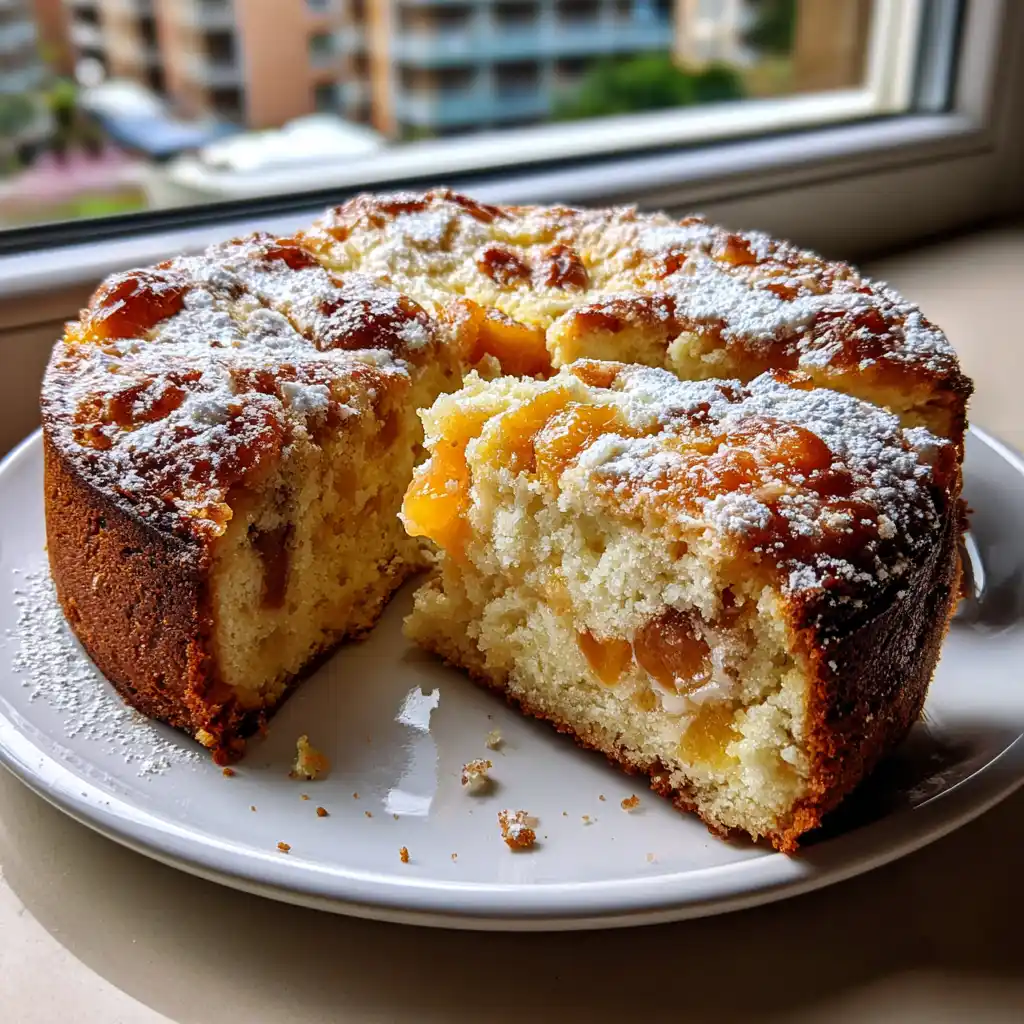 Moelleux aux abricots et mascarpone entier sorti du four avec les abricots dorés sur le dessus