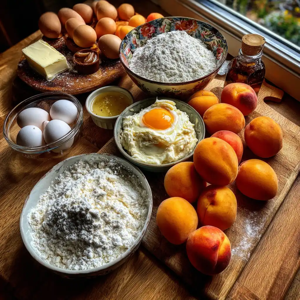 Ingrédients du moelleux aux abricots et mascarpone : abricots frais, mascarpone, oeufs, farine, sucre et beurre