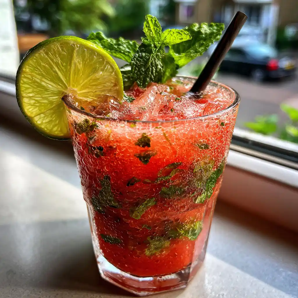 Gros plan sur un verre de mojito pastèque sans alcool avec glaçons, menthe et bulles de l'eau gazeuse