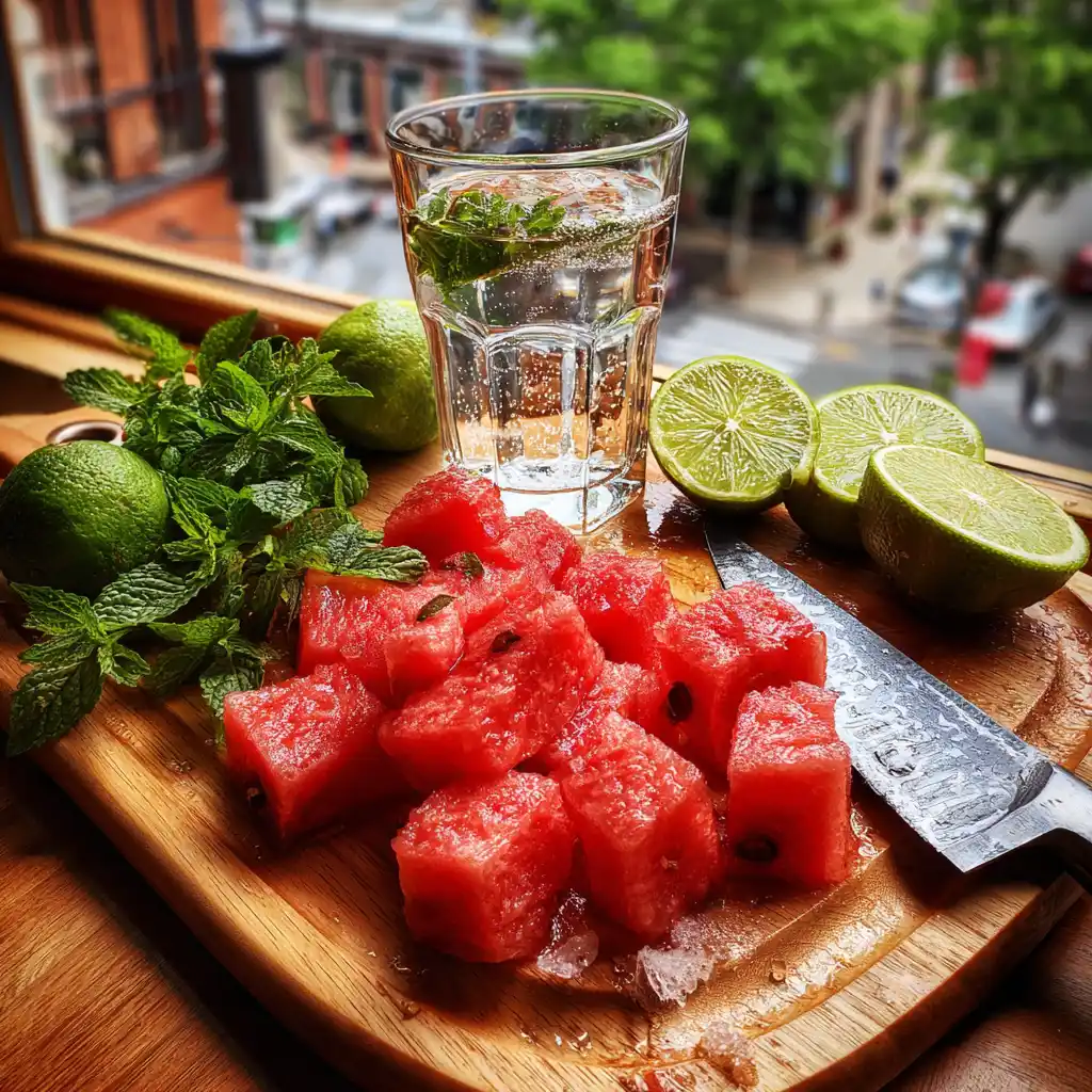Ingrédients du mojito pastèque sans alcool disposés sur un plan de travail : pastèque rose, menthe fraîche, citrons verts, sucre roux et eau gazeuse