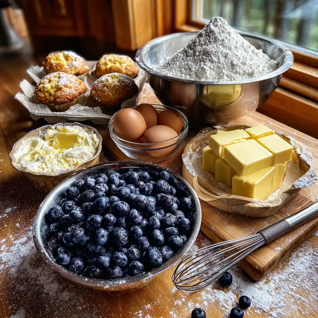 ingrédients muffins aux myrtilles moelleux disposés à plat