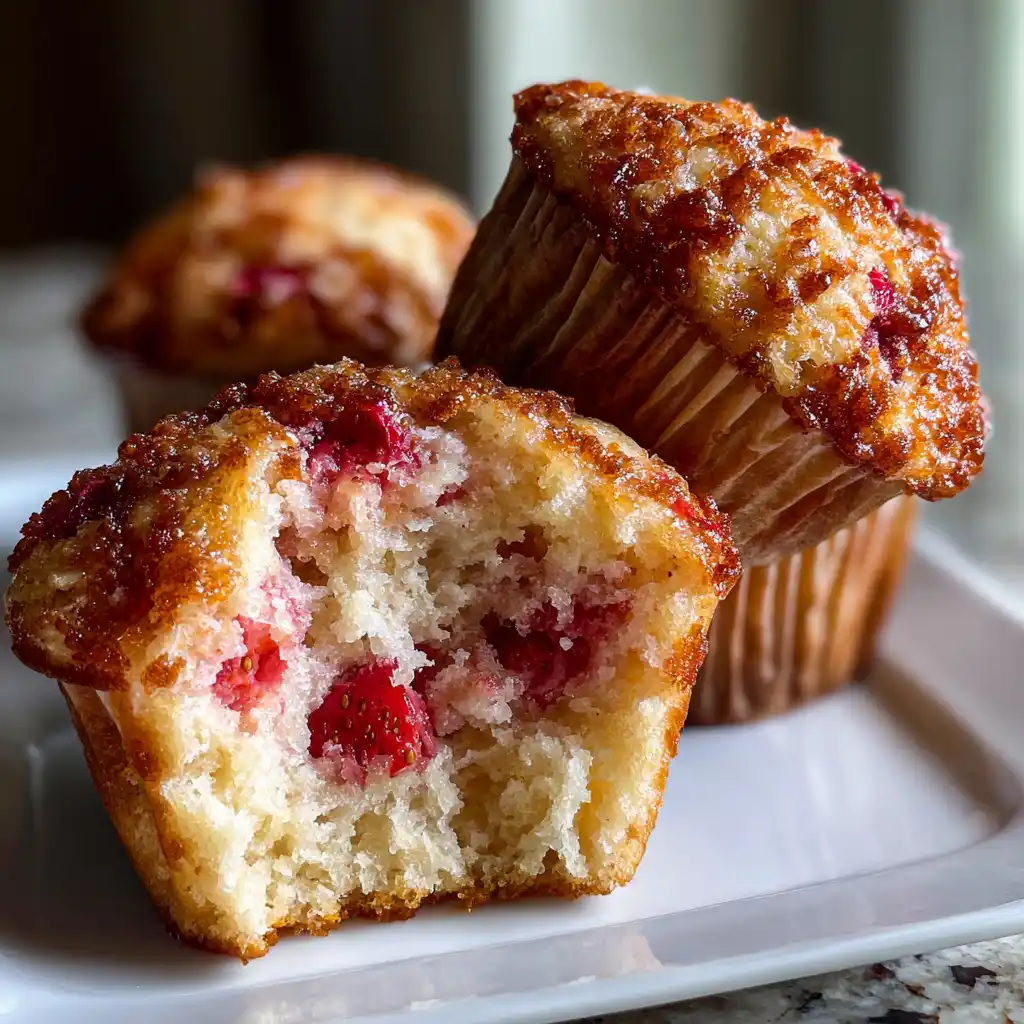 Gros plan sur un muffin rhubarbe fraise ouvert