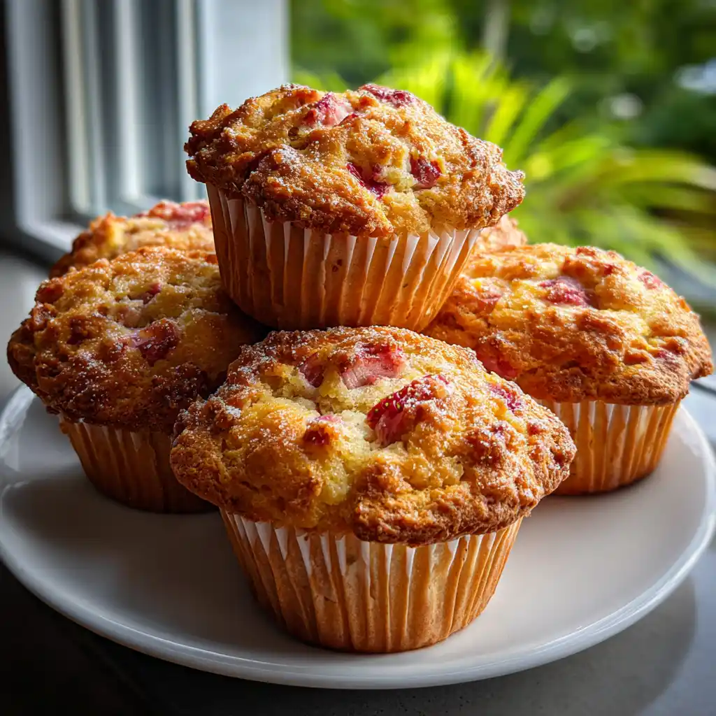 Muffins rhubarbe et fraise dorés avec leur dôme craquelé