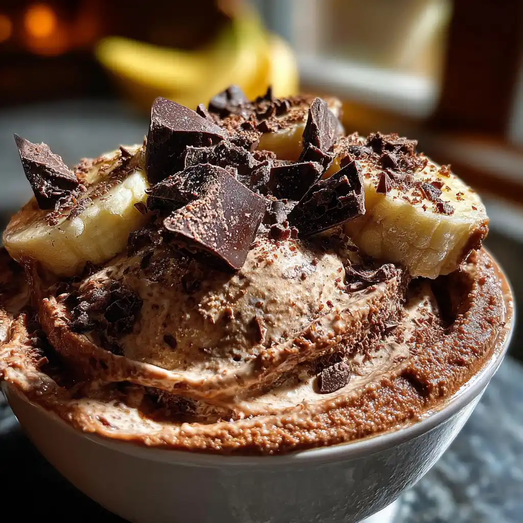 Gros plan sur la texture onctueuse de la nice cream banane chocolat