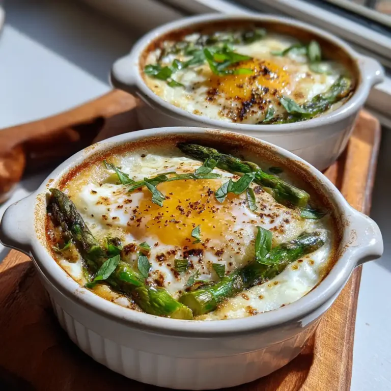 Oeufs cocotte aux asperges et crème fraîche dans des ramequins avec le jaune coulant