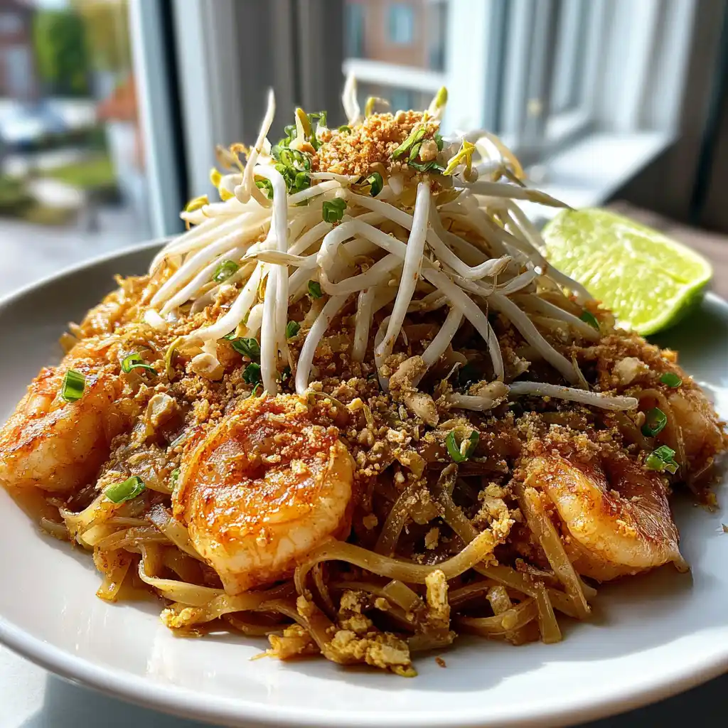 Gros plan sur le pad thaï maison authentique avec nouilles enrobées de sauce, crevettes et cacahuètes croquantes