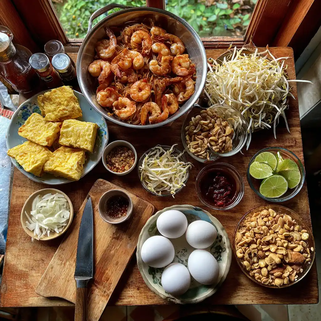 Ingrédients du pad thaï maison authentique disposés sur un plan de travail : nouilles de riz, crevettes, œufs, cacahuètes, sauce poisson, tamarin, citron vert et coriandre