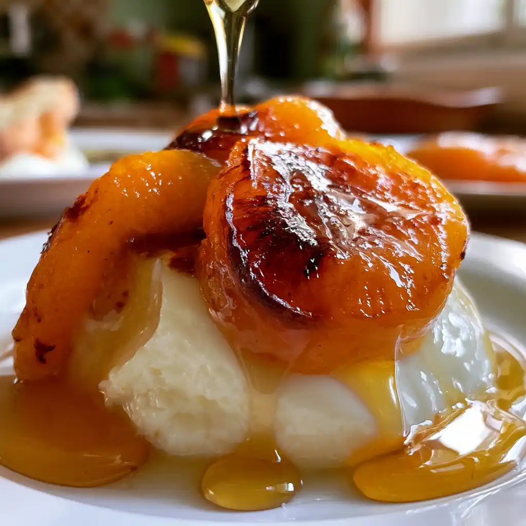 Gros plan sur la texture crémeuse de la panna cotta aux abricots rôtis et miel avec abricots confits et filet de miel