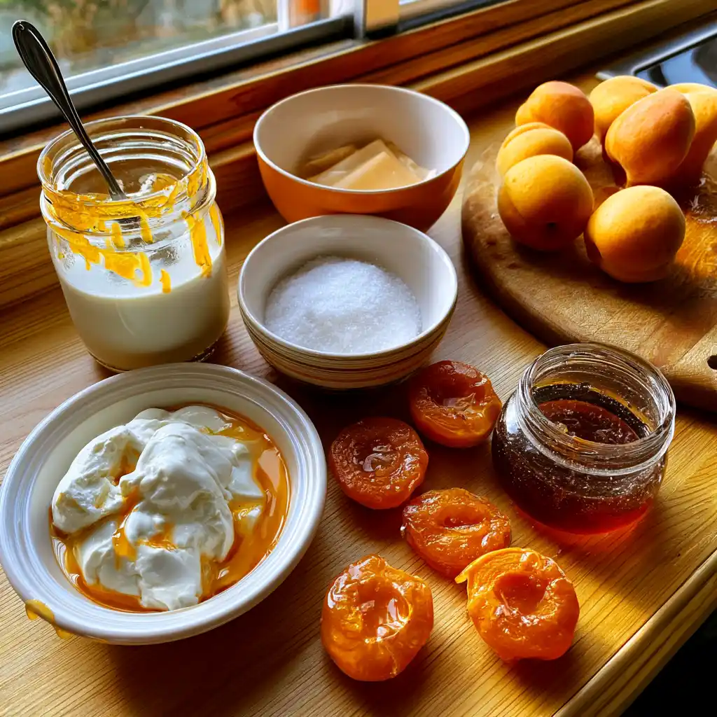 Ingrédients de la panna cotta aux abricots rôtis et miel disposés sur un plan de travail : crème, abricots, miel, vanille, gélatine et sucre