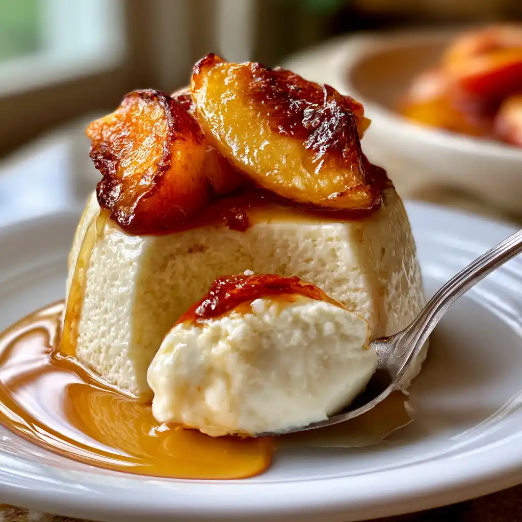 Gros plan sur la texture crémeuse de la panna cotta pêches rôties et miel avec pêches confites et filet de miel doré