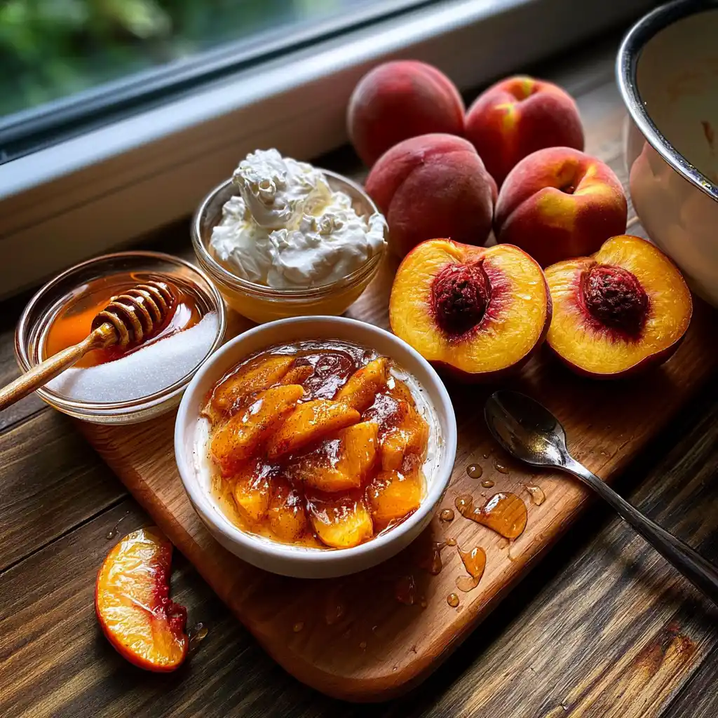 Ingrédients de la panna cotta pêches rôties et miel disposés sur un plan de travail : crème, pêches, miel, vanille, gélatine et sucre