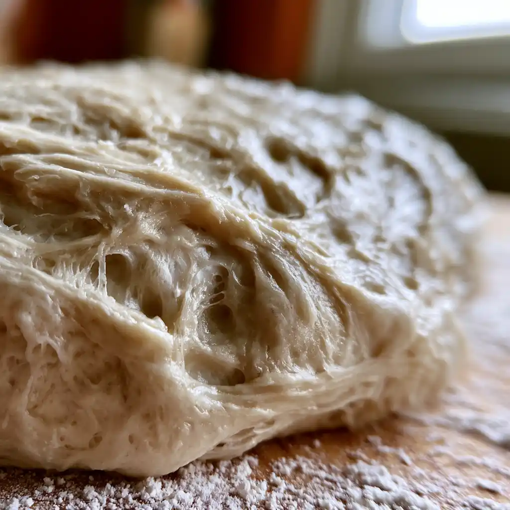 Gros plan sur la texture aérée de la pâte à pizza maison inratable avec bulles d'air visibles et croûte dorée croustillante