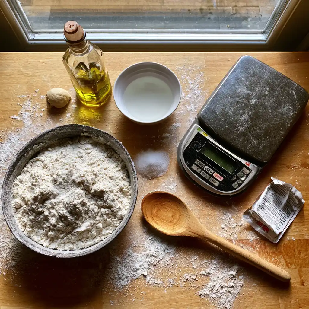 Ingrédients de la pâte à pizza maison inratable disposés sur un plan de travail : farine type 00, levure fraîche, sel et bol d'eau tiède