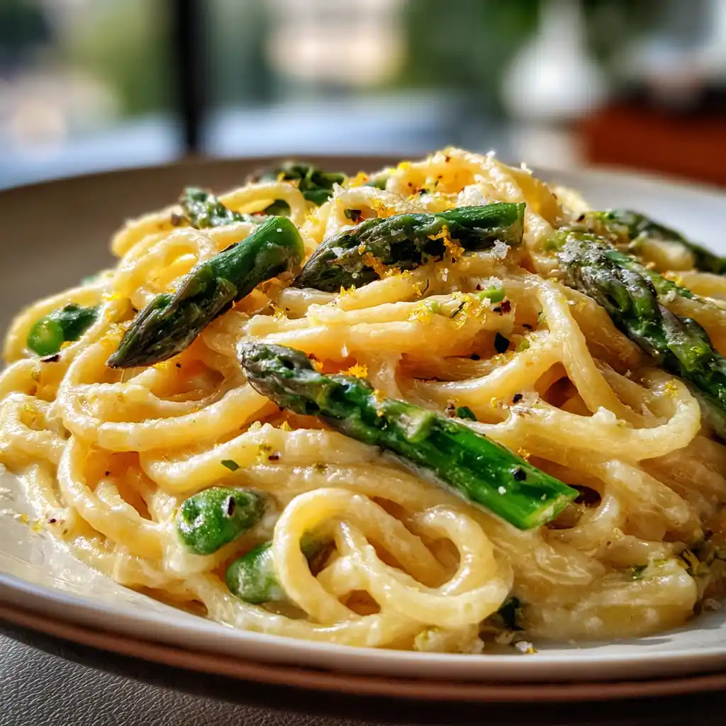 Gros plan sur les pâtes crémeuses aux asperges et citron avec la sauce soyeuse et les pointes d'asperges