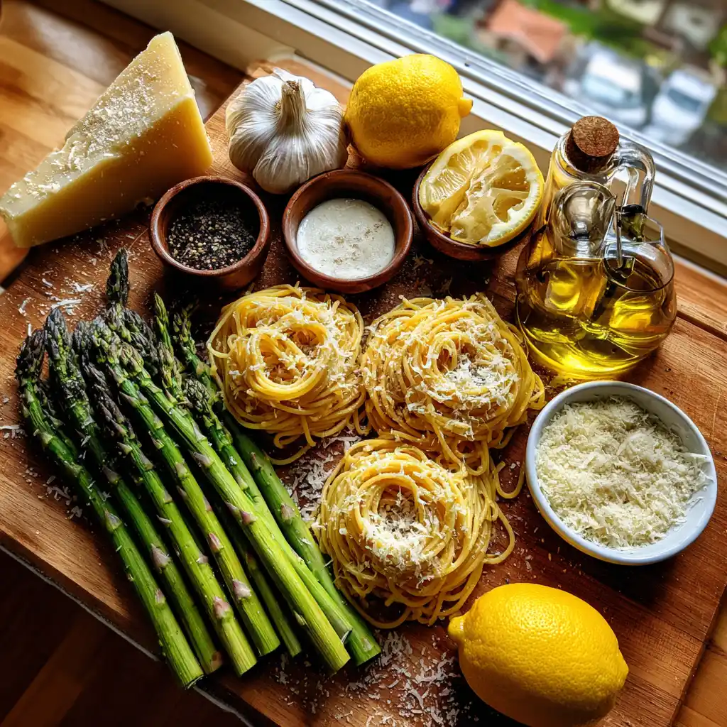 Ingrédients des pâtes crémeuses aux asperges et citron : asperges vertes, pâtes, crème, parmesan, citron bio et ail
