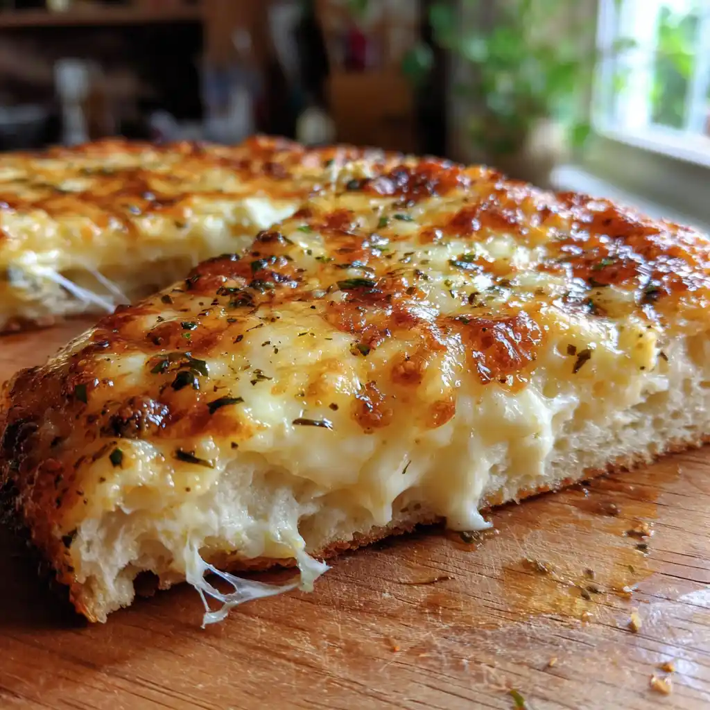 Gros plan sur une part de pizza 4 fromages maison avec fromage filant et croûte croustillante alvéolée