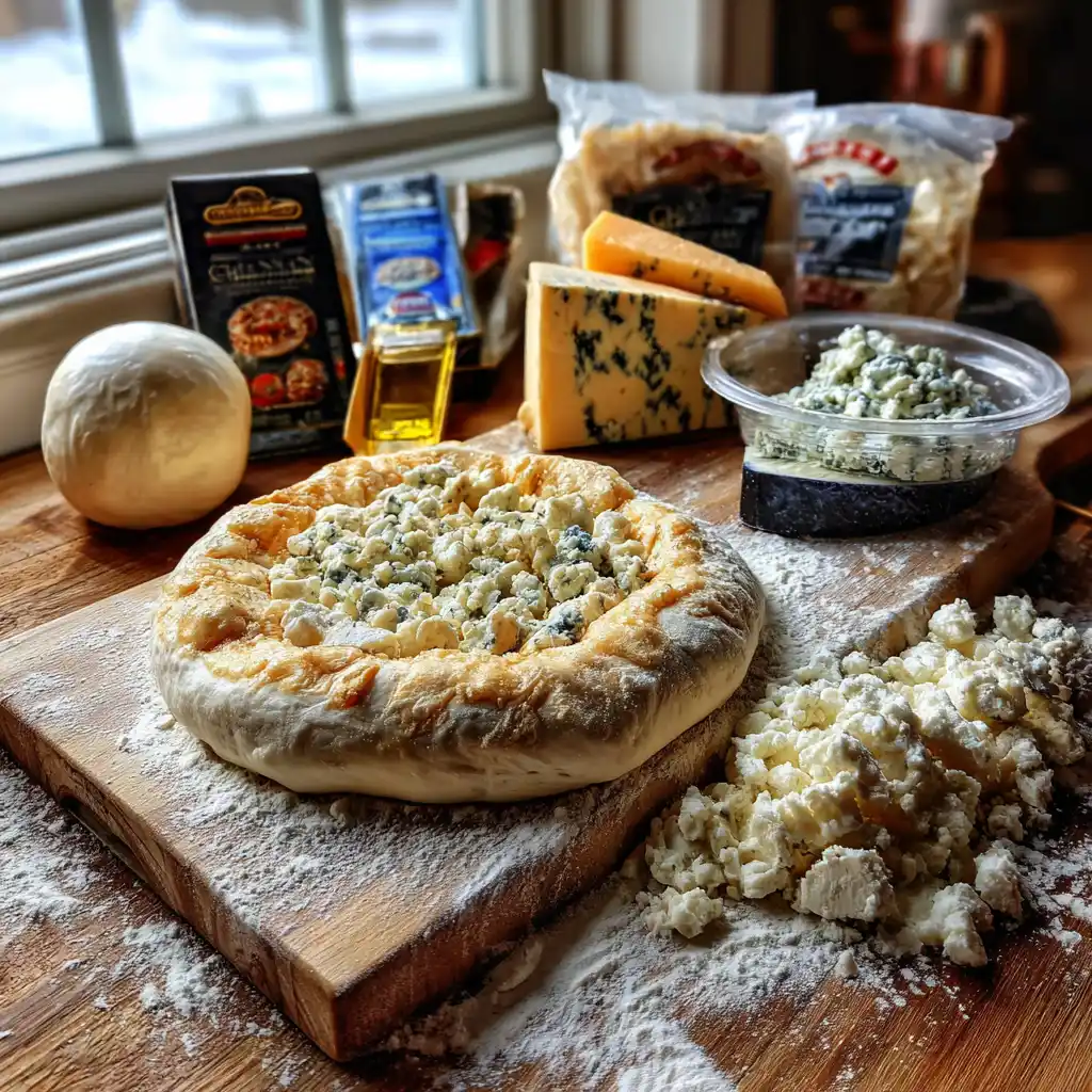 Ingrédients de la pizza 4 fromages maison disposés sur un plan de travail : pâton de pizza, mozzarella, gorgonzola, parmesan, chèvre et huile d'olive