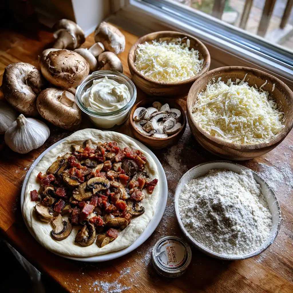 Ingrédients de la pizza blanche crème fraîche champignons et lardons disposés sur un plan de travail : pâton de pizza, crème fraîche, champignons de Paris, lardons et mozzarella