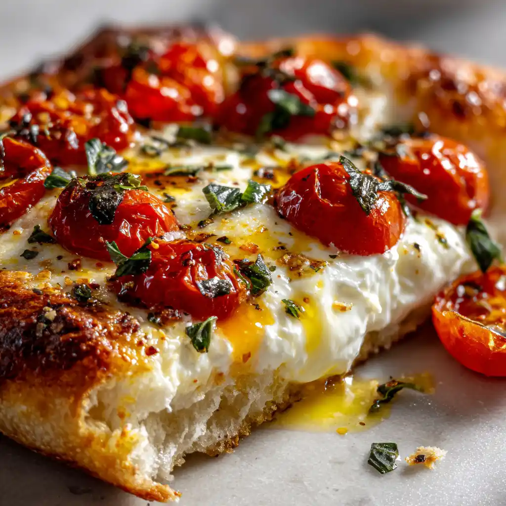 Gros plan sur une part de pizza burrata tomates cerises et basilic avec cœur crémeux de burrata qui coule sur les tomates