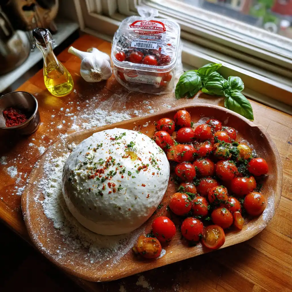 Ingrédients de la pizza burrata tomates cerises et basilic disposés sur un plan de travail : pâton de pizza, burrata, tomates cerises colorées, basilic frais et huile d'olive