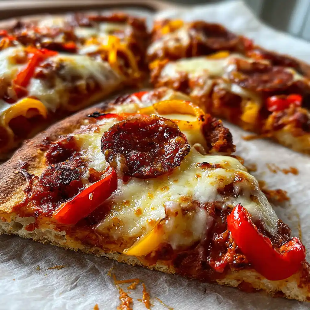 Gros plan sur une part de pizza chorizo poivrons maison avec chorizo doré, poivrons fondants et fromage filant