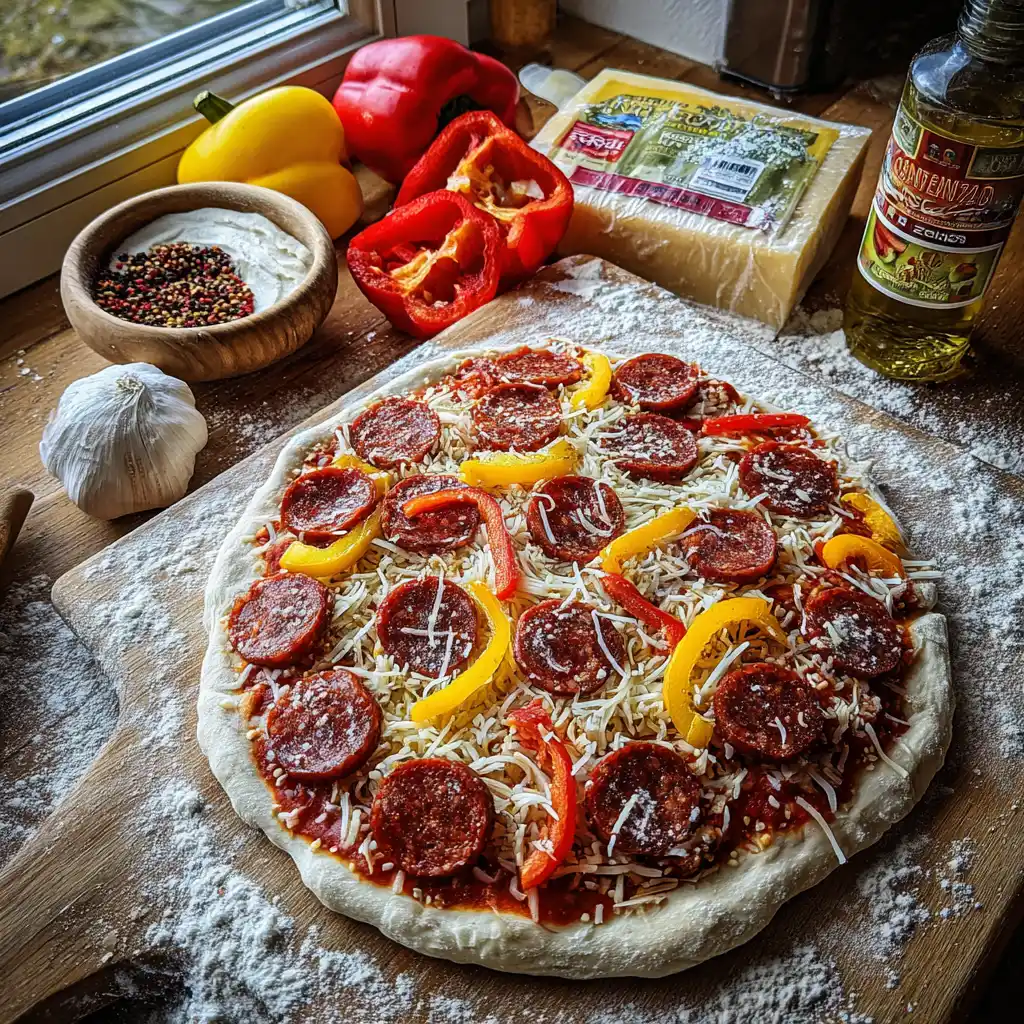 Ingrédients de la pizza chorizo poivrons maison disposés sur un plan de travail : pâton de pizza, chorizo, poivrons colorés, mozzarella, tomates pelées et huile d'olive