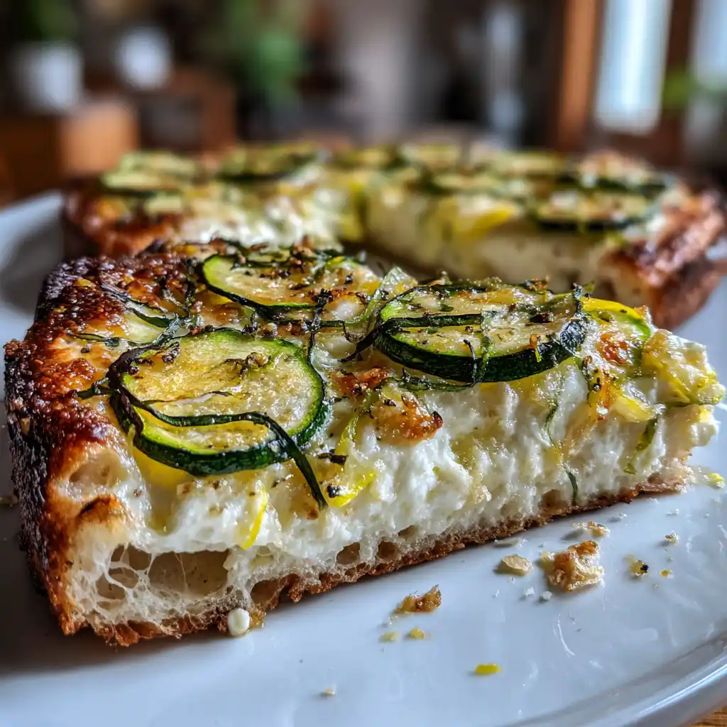 Gros plan sur une part de pizza healthy courgettes ricotta et citron avec courgettes fines, ricotta crémeuse et zestes de citron