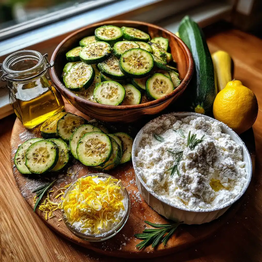 Ingrédients de la pizza healthy courgettes ricotta et citron disposés sur un plan de travail : pâton de pizza, ricotta, courgettes, citron, basilic et huile d'olive