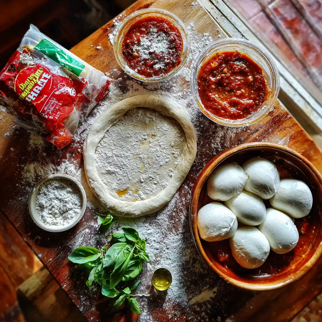 Ingrédients de la pizza margherita maison disposés sur un plan de travail : pâton de pizza, tomates pelées, boule de mozzarella, basilic frais et huile d'olive