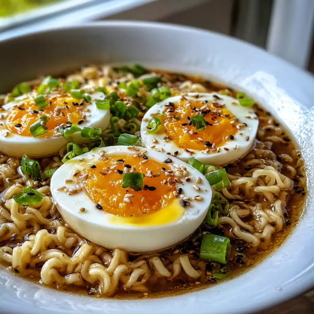 Gros plan sur un bol de ramen maison montrant l'œuf mariné au jaune coulant, les nouilles dorées et le bouillon parfumé