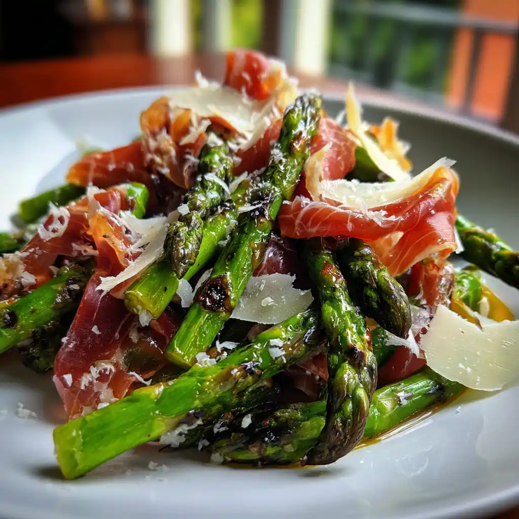 Gros plan sur la salade d'asperges grillées au jambon cru et parmesan avec les marques de grill et les copeaux