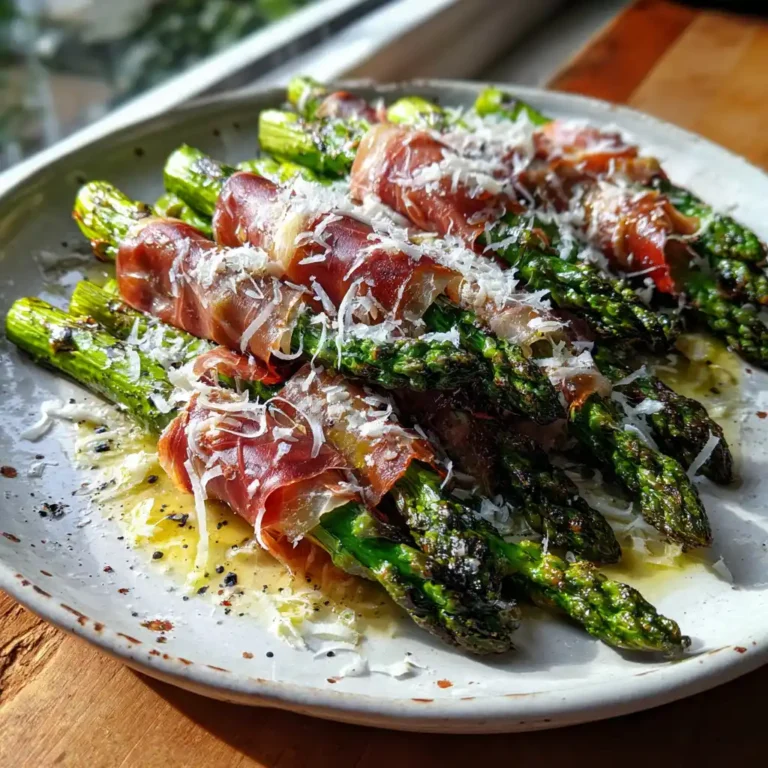 Salade d'asperges grillées au jambon cru et parmesan dressée sur un plat