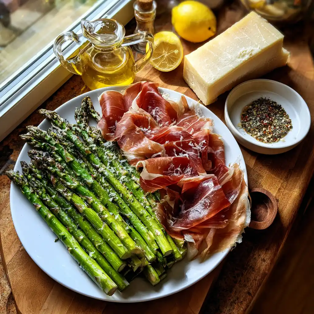 Ingrédients de la salade d'asperges grillées au jambon cru et parmesan : asperges vertes fraîches, jambon cru, parmesan, roquette et citron