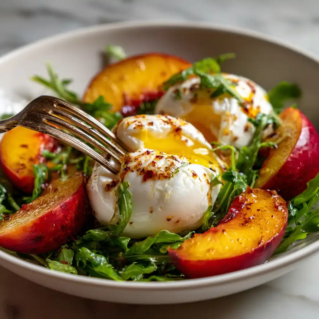 Gros plan sur la salade nectarine burrata et roquette montrant le cœur crémeux de la burrata qui coule sur les nectarines