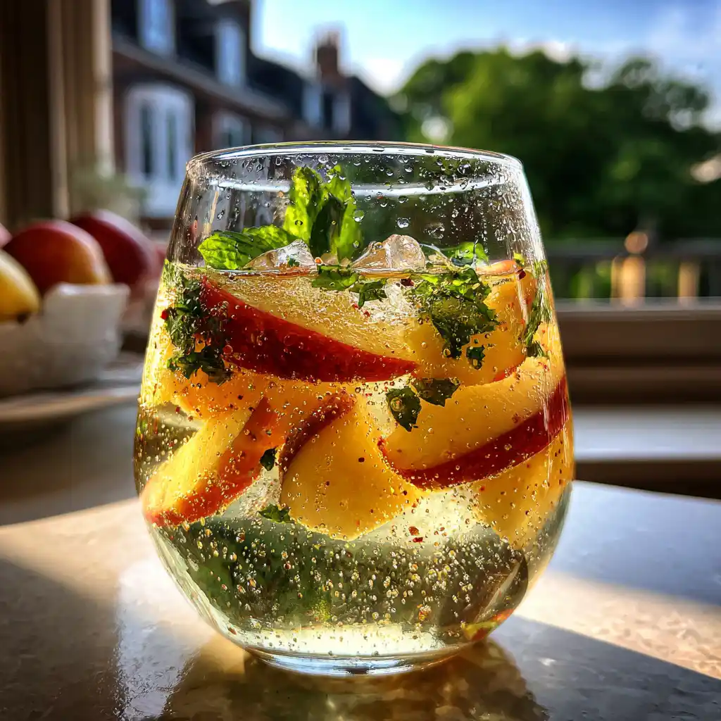 Gros plan sur un verre de sangria blanche aux pêches avec glaçons, quartiers de pêches et menthe fraîche