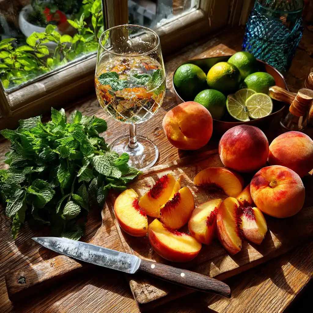 Ingrédients de la sangria blanche aux pêches disposés sur un plan de travail : bouteille de vin blanc, pêches, citron, menthe fraîche, sucre et eau gazeuse