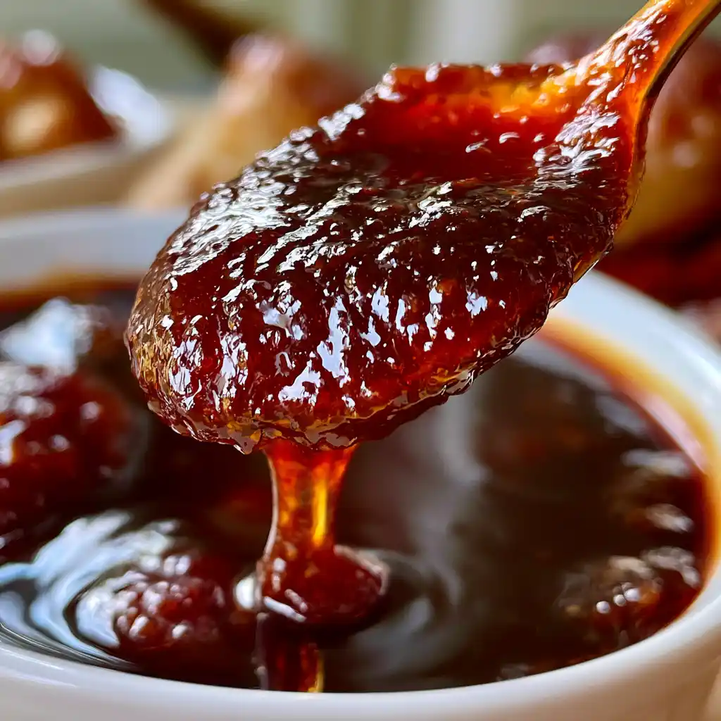 Gros plan sur la sauce BBQ maison avec sa texture brillante et sa couleur acajou profonde, idéale pour napper le poulet