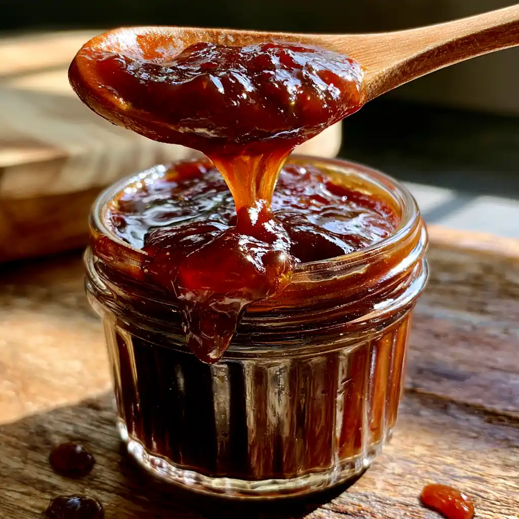 Sauce BBQ maison versée dans un pot en verre avec sa texture brillante et sa couleur acajou profonde