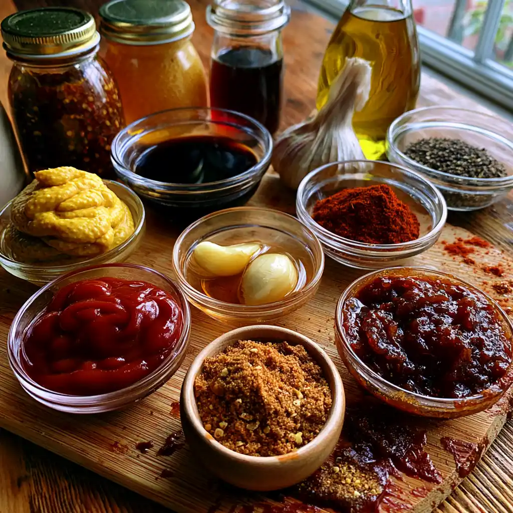 Ingrédients de la sauce BBQ maison : ketchup, miel, cassonade, vinaigre de cidre, sauce Worcestershire, moutarde et paprika fumé