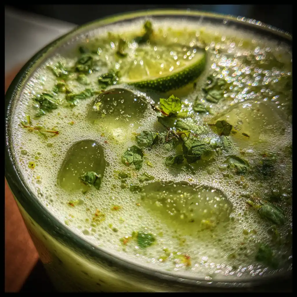 Smoothie detox concombre menthe citron vert servi dans deux grands verres avec glaçons, rondelles de citron vert et feuilles de menthe fraîche