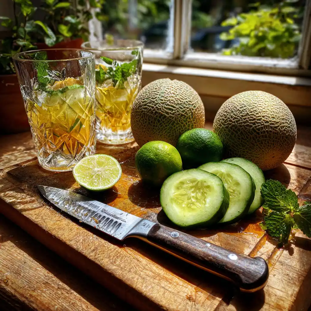 ingrédients smoothie melon concombre menthe disposés à plat