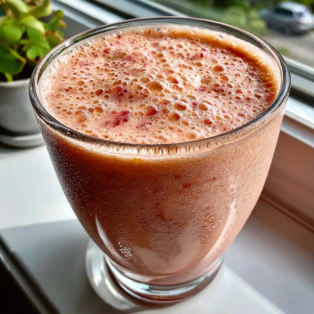 Gros plan sur le smoothie rose et ses fruits