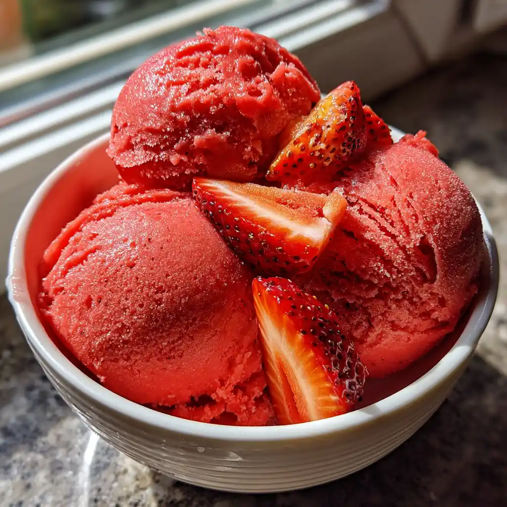 Sorbet fraises maison express servi en quenelles avec des feuilles de menthe