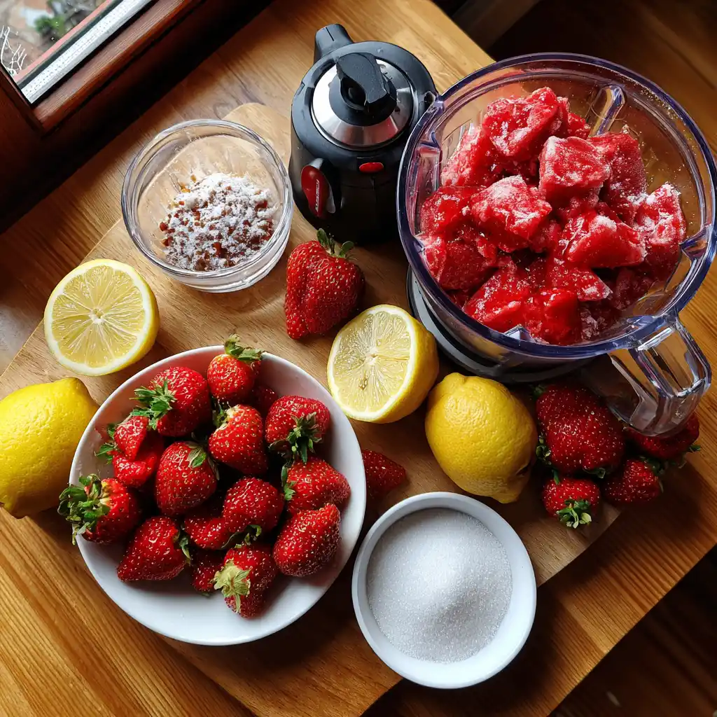 Ingrédients du sorbet fraises maison express : fraises surgelées, miel et citron vert