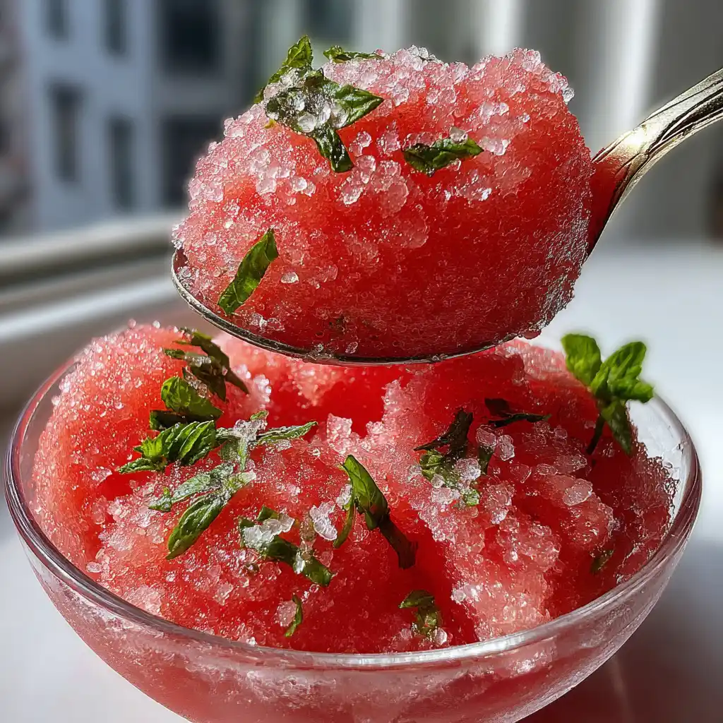 Gros plan sur la texture crémeuse du sorbet pastèque menthe sans sorbetière avec sa belle couleur rose vibrante