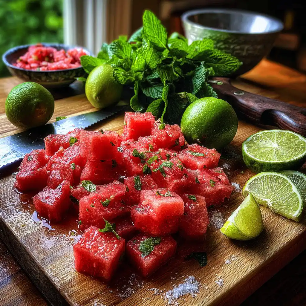 Ingrédients du sorbet pastèque menthe sans sorbetière disposés sur un plan de travail : pastèque rose juteuse, menthe fraîche, sucre et citron vert