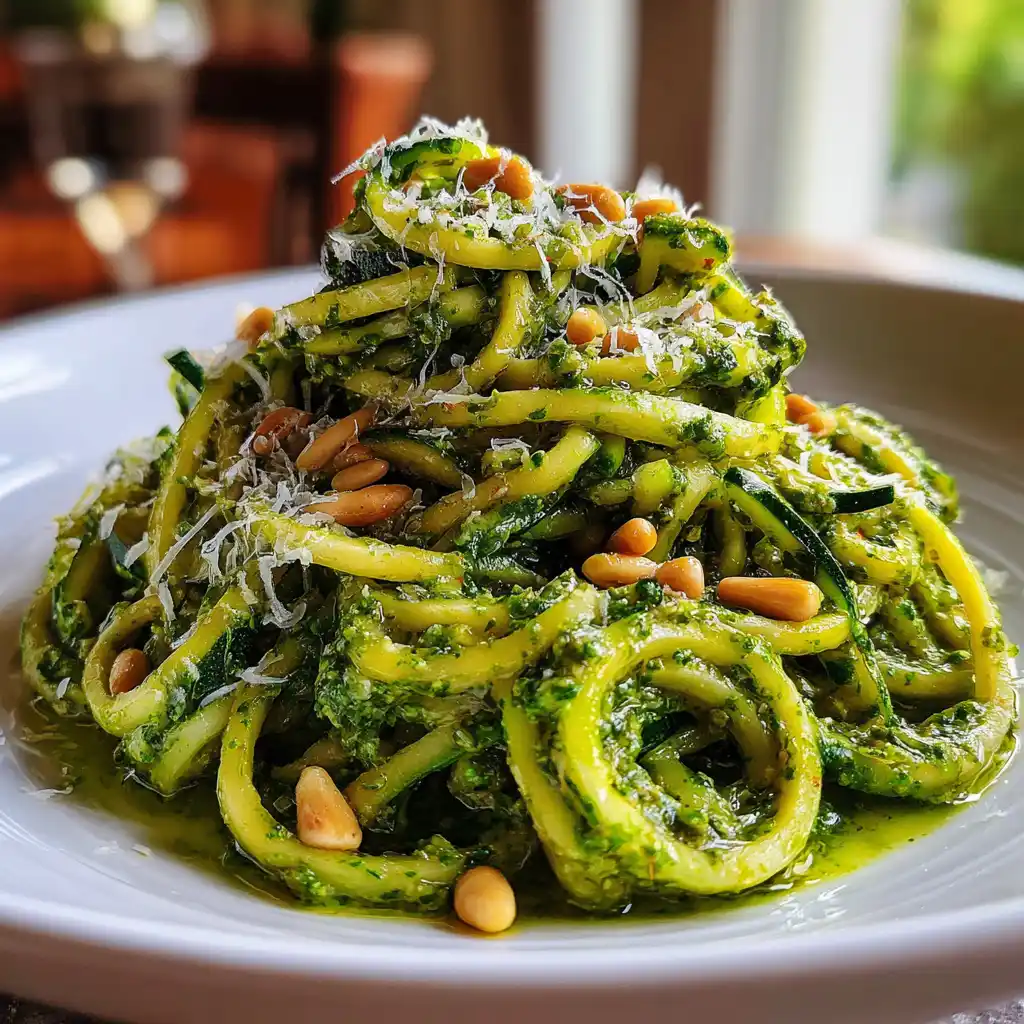 Gros plan sur les spaghettis de courgettes au pesto maison avec le pesto vert brillant et les pignons dorés