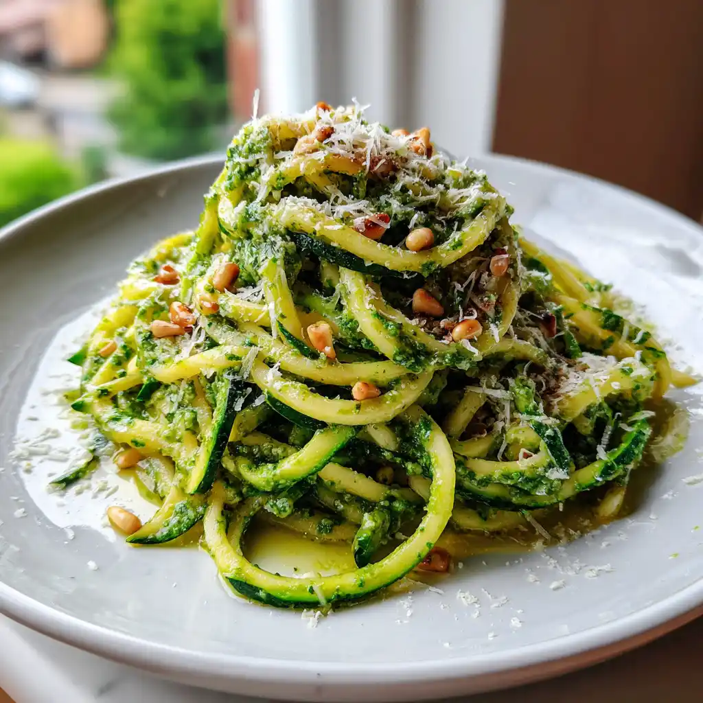 Spaghettis de courgettes au pesto maison dressés dans une assiette avec tomates cerises, parmesan et feuilles de basilic