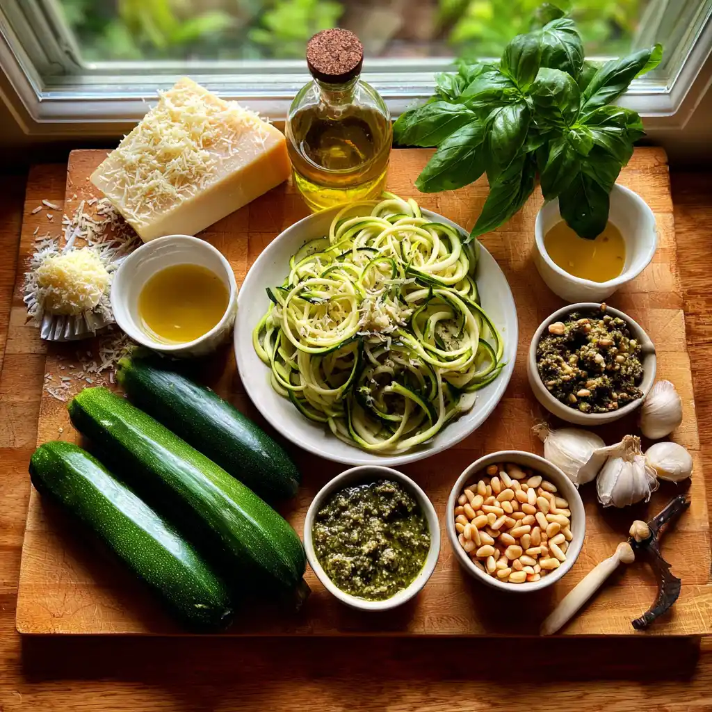 Ingrédients des spaghettis de courgettes au pesto maison : courgettes fraîches, bouquet de basilic, parmesan, pignons, ail, citron et tomates cerises